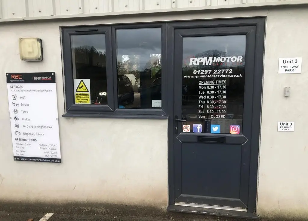 Entrance to the RPM Fosseway Park MOT centre in Seaton