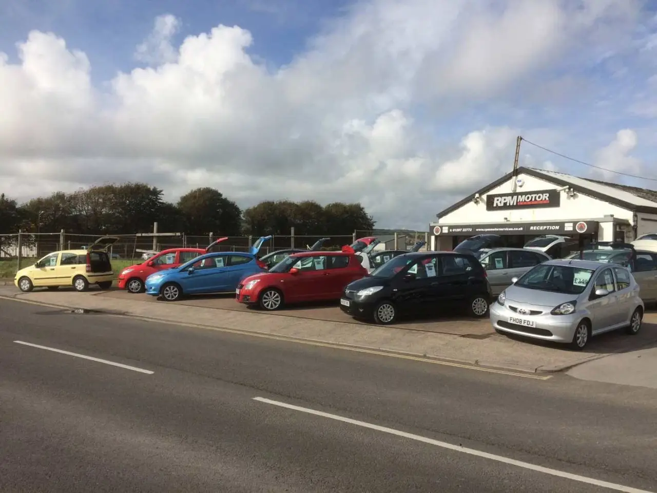 Forecourt of used cars for sale at RPM Motor Services Seaton